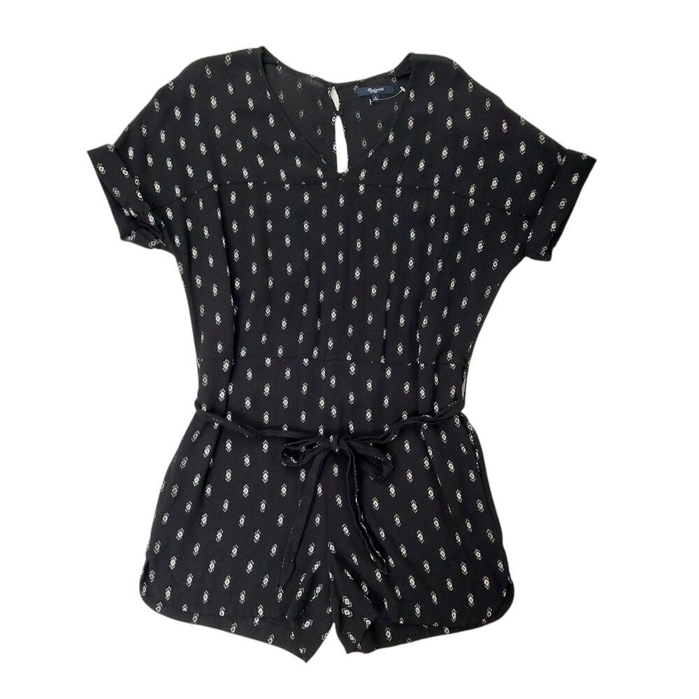 Madewell Womens Small Black Romper Diamond Print V-Neck Cap Sleeve Boho Festival